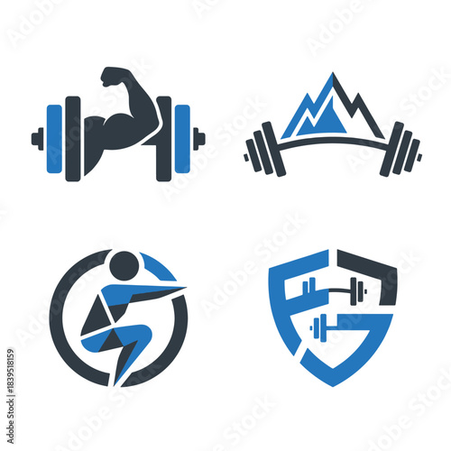 Dynamic Fitness and Gym Workout Logos Vector Collection: Strength-focused Icons featuring Blue Dumbbell and Barbell designs for health branding.