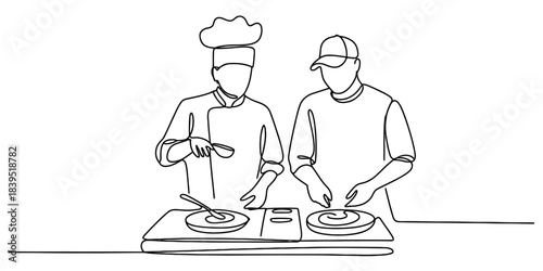Two chefs in continuous line art style, one in traditional toque, preparing food together on a stove with plates and utensils on a white background. Vector, illustration