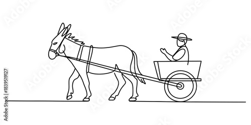 Minimalist continuous line art illustration of a person driving a donkey-drawn cart, portraying traditional rural transportation, manual labor, and a simpler way of life. Vector, illustration
