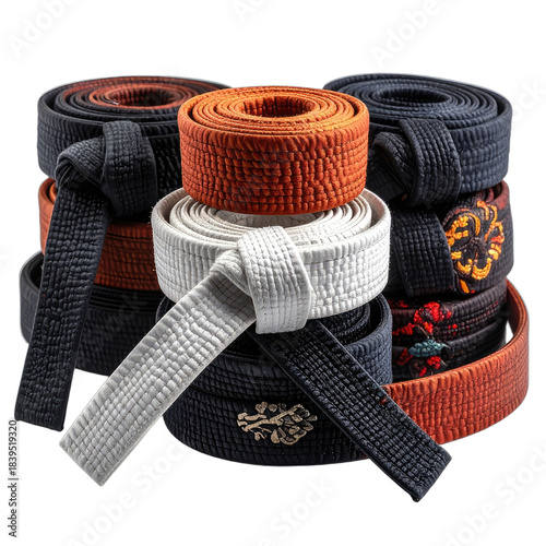 A stack of rolled martial arts belts in black, white, and orange hues against a dark background.