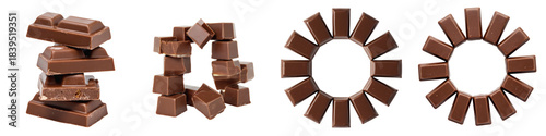 Set of mixed milk chocolate blocks with caramel-filled bites and small triangle fragments on transparent background