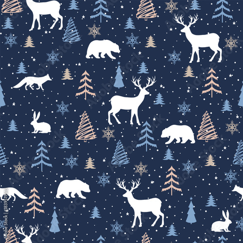 Seamless psttern with christmas trees and winter animals. Winter pattern
