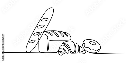 Continuous line drawing of fresh baked goods including baguette, traditional loaf, flaky croissant, and sweet donut, representing a breakfast or bakery theme. Vector, illustration