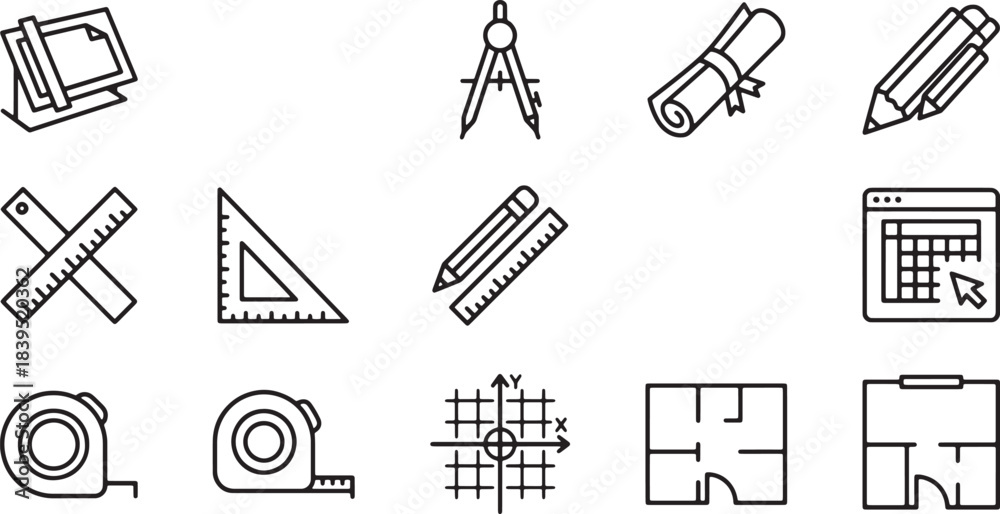 Fototapeta premium Architectural and drafting tools icons set for construction and engineering projects