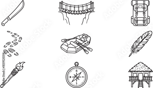 Adventure and exploration icons set for travel and outdoor activities with nature themes