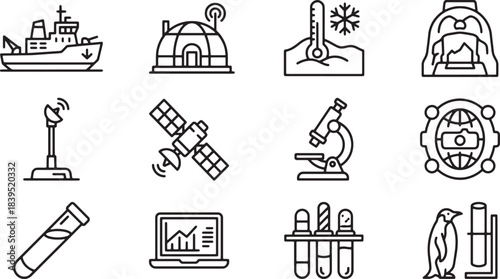 Antarctic exploration and scientific research line icons set with icebreaker igloo thermometer