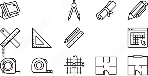 Architectural and drafting tools icons set for construction and engineering projects