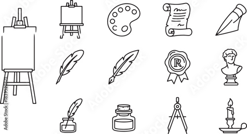 Art and creativity icons set for artistic expression and historical drawing tools