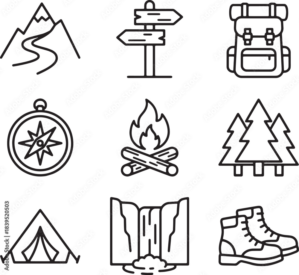 Fototapeta premium Outdoor hiking and camping adventure elements outline icons set for nature exploration