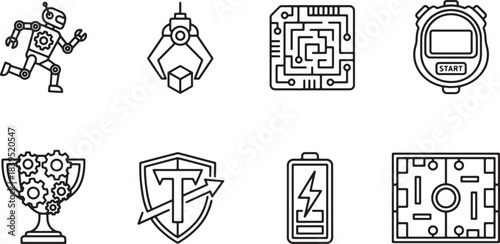 Robotics and automation line icons set with running robot robotic arm circuit board stopwatch