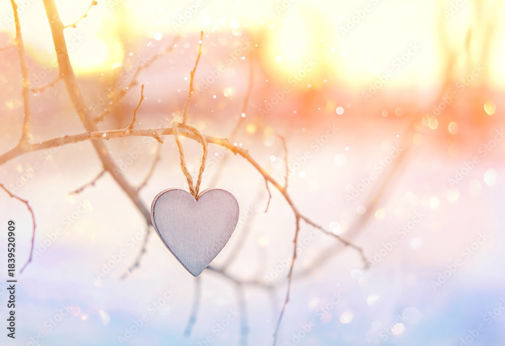 Naklejka premium decorative wooden heart hanging on tree close up, abstract gentle light nature background. magic fairy tale atmosphere. Heart - symbol of love, romance, family happiness, Valentine's day, February 14