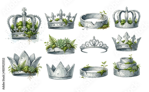 Watercolor set of ancient stone crowns with moss, ferns and succulents painted in a soft botanical fantasy style on a clean white background
