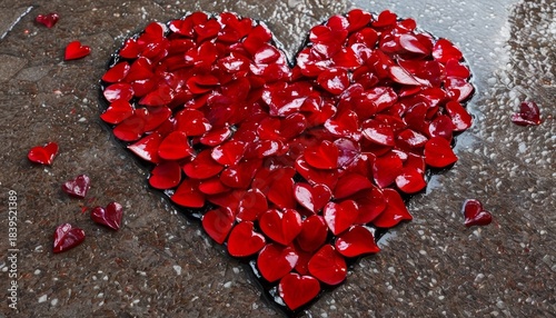 Red petal heart sitting on a leaf-strewn wet shiny paving stone, photography, romance, beautiful flower, cutest, flower petals, looks cute, dried petals, close-up, stone-heart,