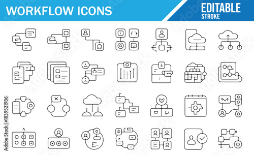 Workflow outline icon set, business process management, automation, data flow, project organization and digital system operation thin line symbols collection isolated on white background