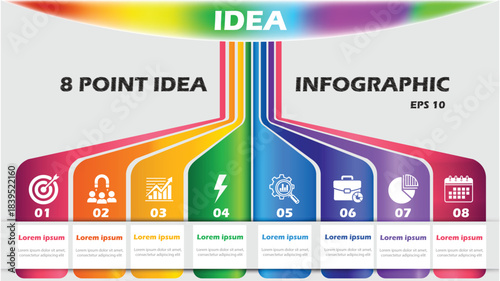 8 Point Idea Infographic Vector Template, Colorful Business Concept Presentation Layout for Options, Steps, and Creative Strategy Visualization.