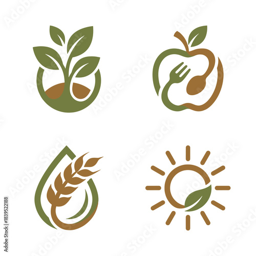 Collection of healthy, organic food and nature vector icons promoting vegan nutrition, agriculture, ecology, and growth; perfect for sustainable branding.