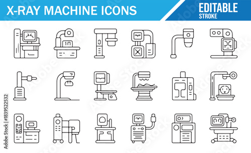 Hospital imaging and x-ray machine outline symbols, medical icon collection