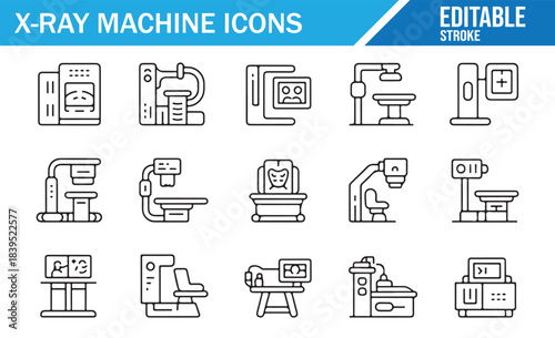 X-ray scanner and medical imaging outline icons, healthcare vector symbols