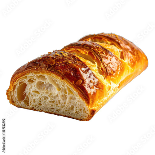 A close-up shot of a golden brown, seeded, sliced croissant loaf against a black background.