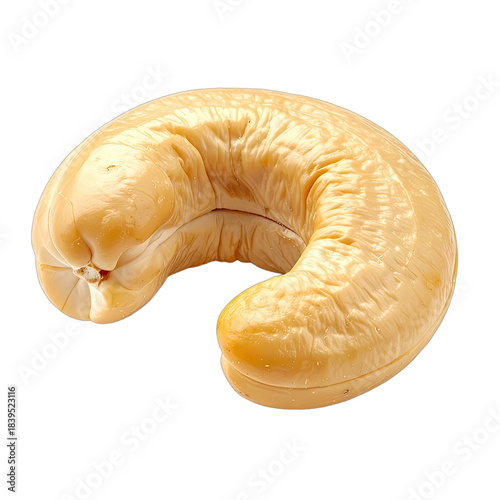 A single, perfectly roasted cashew nut isolated against a deep black background.