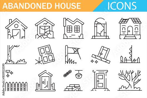 Abandoned property and urban ruin outline icon pack