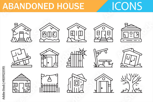 Old abandoned buildings linear icons set, ruined architecture symbols