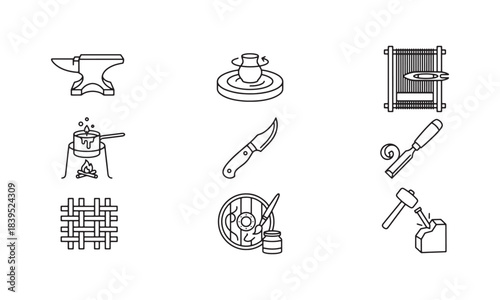 Set of craftsmanship icons traditional art and handwork blacksmithing pottery weaving