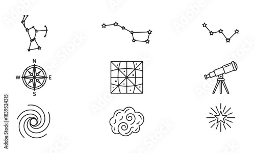 Set of astronomy and navigation icons, including constellations, compass, telescope, and galaxy
