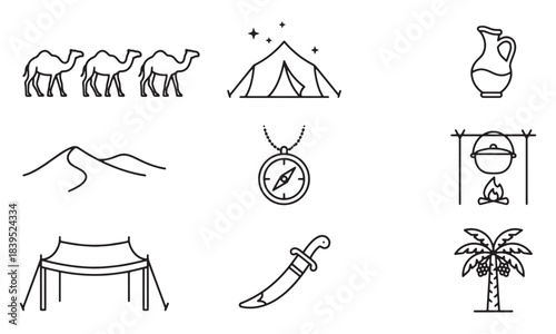 Set of desert icons for travel and adventure camel caravan oasis tent survival