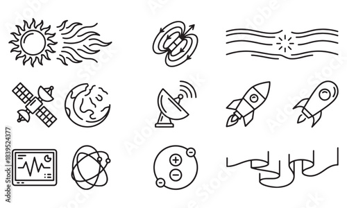 Set of space and science icons, including sun, magnetic field, earth, satellite, and rocket