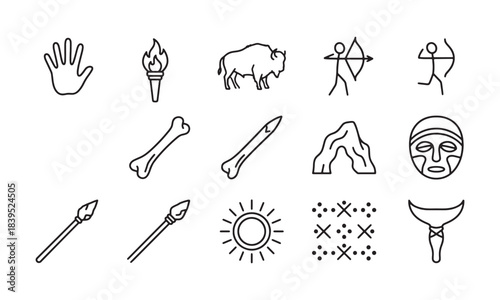 Vector icons depicting prehistoric life, ancient tools, and early human civilization