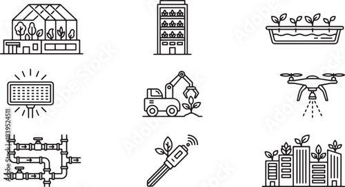 Smart farming and modern agriculture line icons set with greenhouse vertical farm irrigation