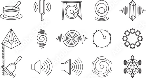 Vector icons of sound therapy tools, vibrational healing, and spiritual instruments outlines