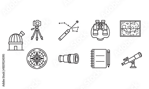 Vector icons related to stargazing, astronomy, and celestial observation equipment