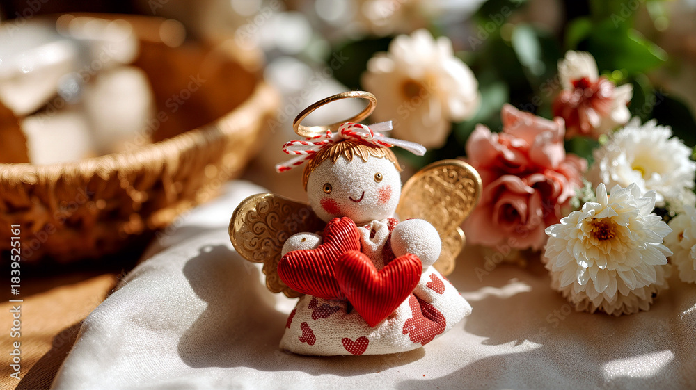 Obraz premium Adorable Angel Doll Holding Heart with Flowers: Whimsical Decor for Home and Gifting