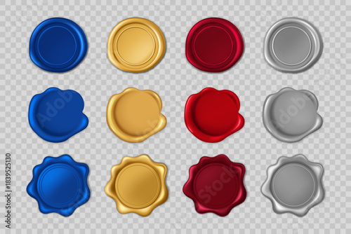 Red, Gold, Silver, and blue wax seal stamp set isolated on a transparent background. 3D realistic vector illustration