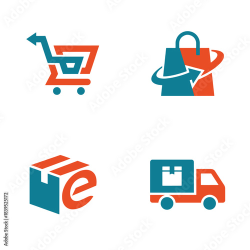 Modern e-commerce shopping and delivery logistics vector icons in vibrant orange and teal, ideal for digital business branding and web design projects.