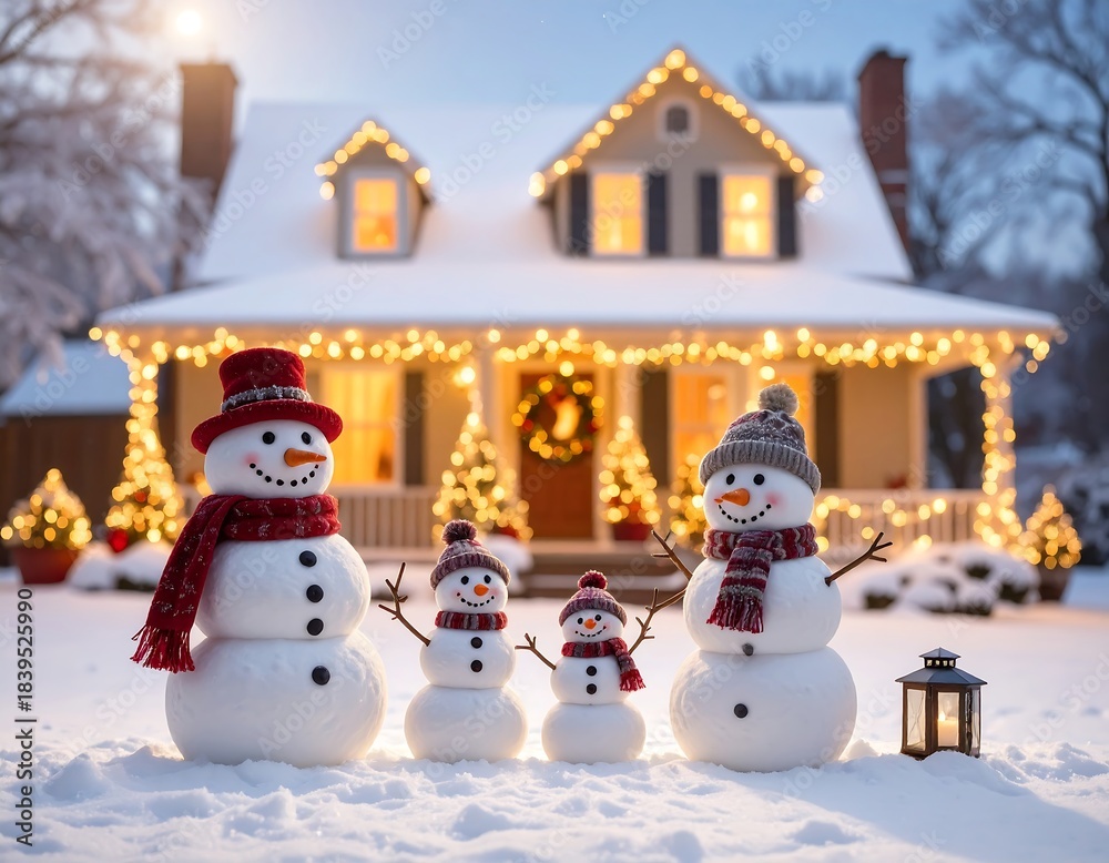 Obraz premium Snowmen family by house