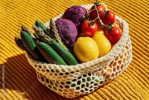 Fresh produce in a reusable mesh basket on a bright yellow textured background