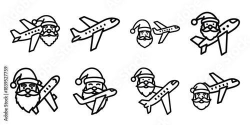 christmas santa airplane travel outline icon set. Holiday Icons illustration.