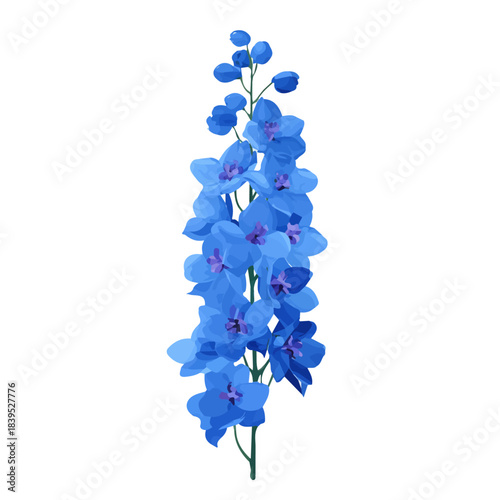 Modern flat 2D vector illustration of a Delphinium, minimal design style on a white background.
