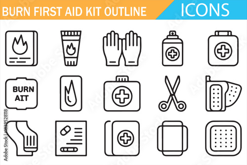 Burn first aid outline icons set, emergency medical treatment vector symbols