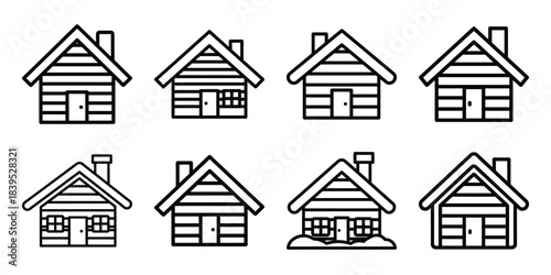 christmas snowy cabin lodge outline icon set. Holiday Icons illustration.