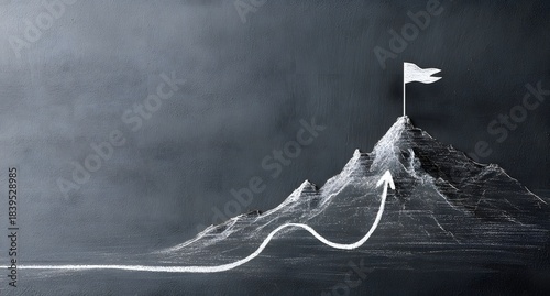 Hand drawing a curved path on a mountain top, showing a person's determination to achieve success and reach their goals