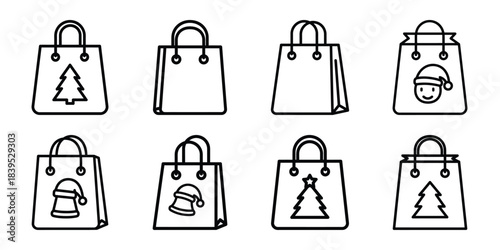 christmas shopping bag outline icon set. Holiday Icons illustration.