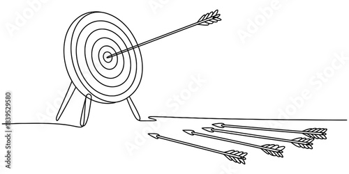 A single arrow hits the bullseye on a dartboard, while other arrows miss their target, symbolizing success amid failure, precision, and aims. Vector, illustration