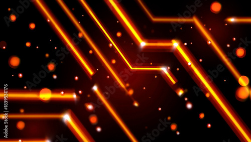 Glowing orange circuit board lines with floating particles on black background abstract technology