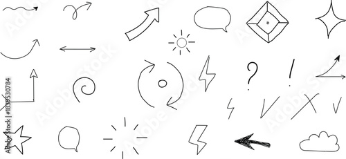 Collection of hand drawn doodle icons and sketchy design elements