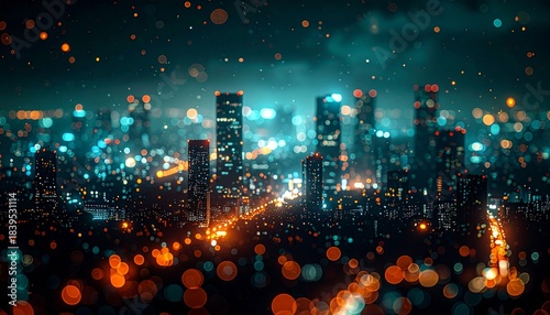 Vibrant Cityscape at Night with Glowing Lights and Bokeh Effect
