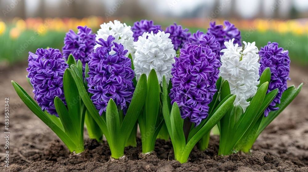 Fototapeta premium Purple and white hyacinths blooming in a spring garden bed